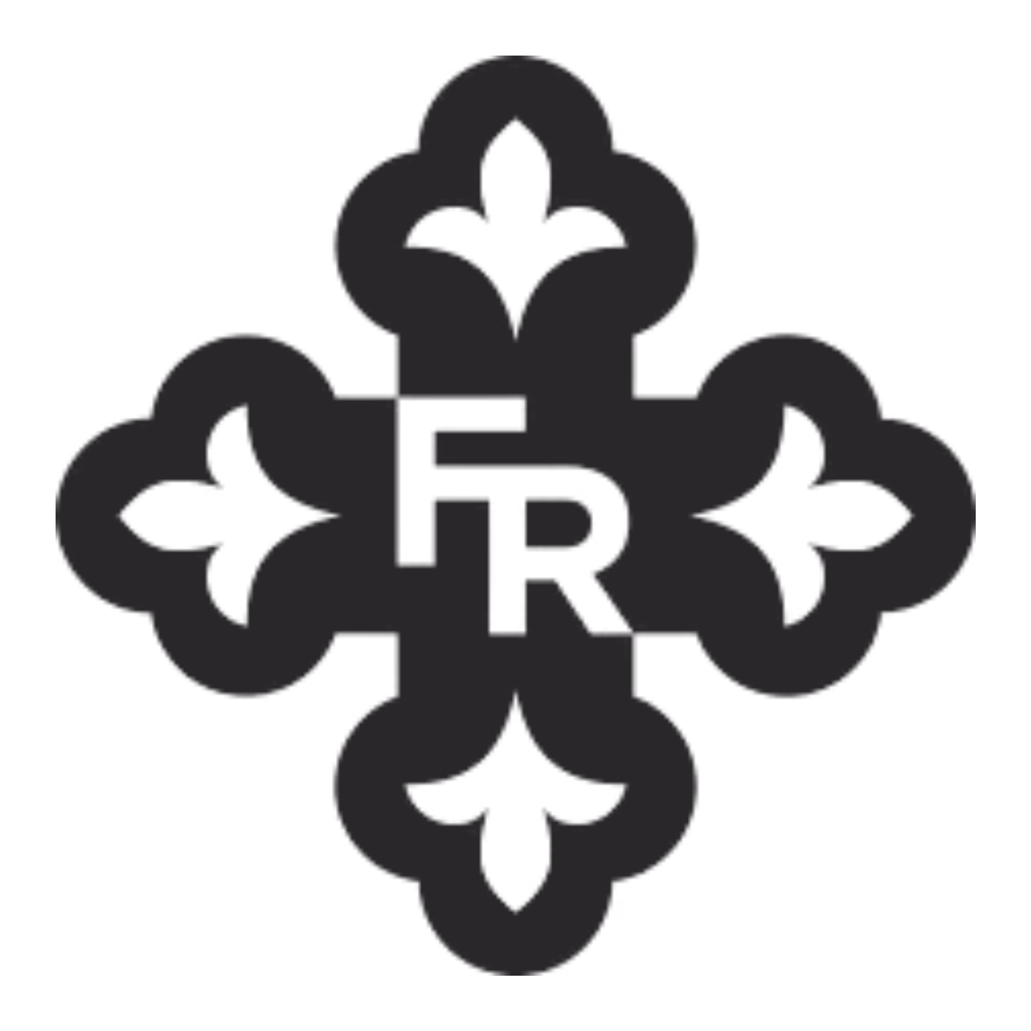 Black stylized floral cross design with the letters F and R intertwined at the center.