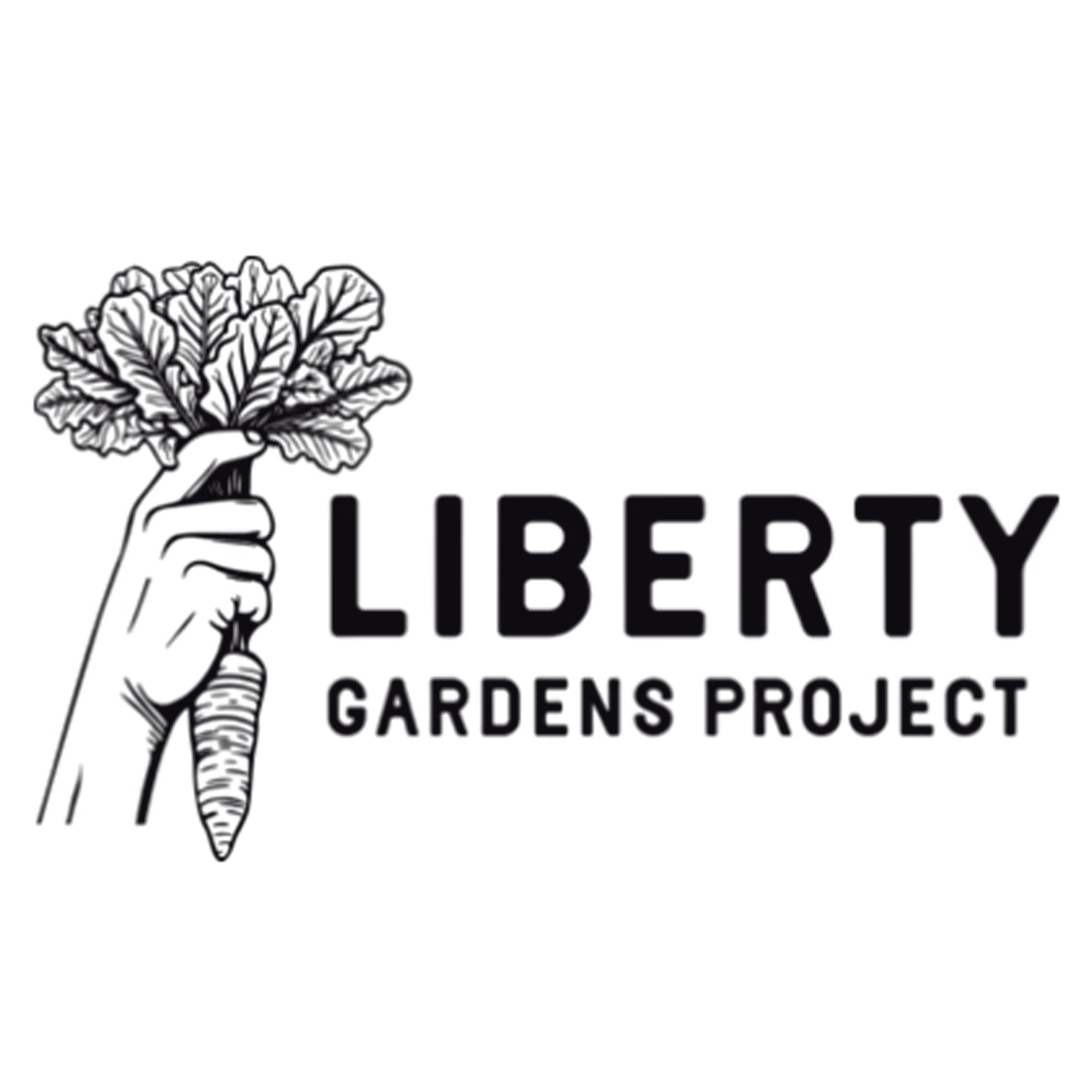 Logo with a hand holding a leafy carrot and text reading Liberty Gardens Project.