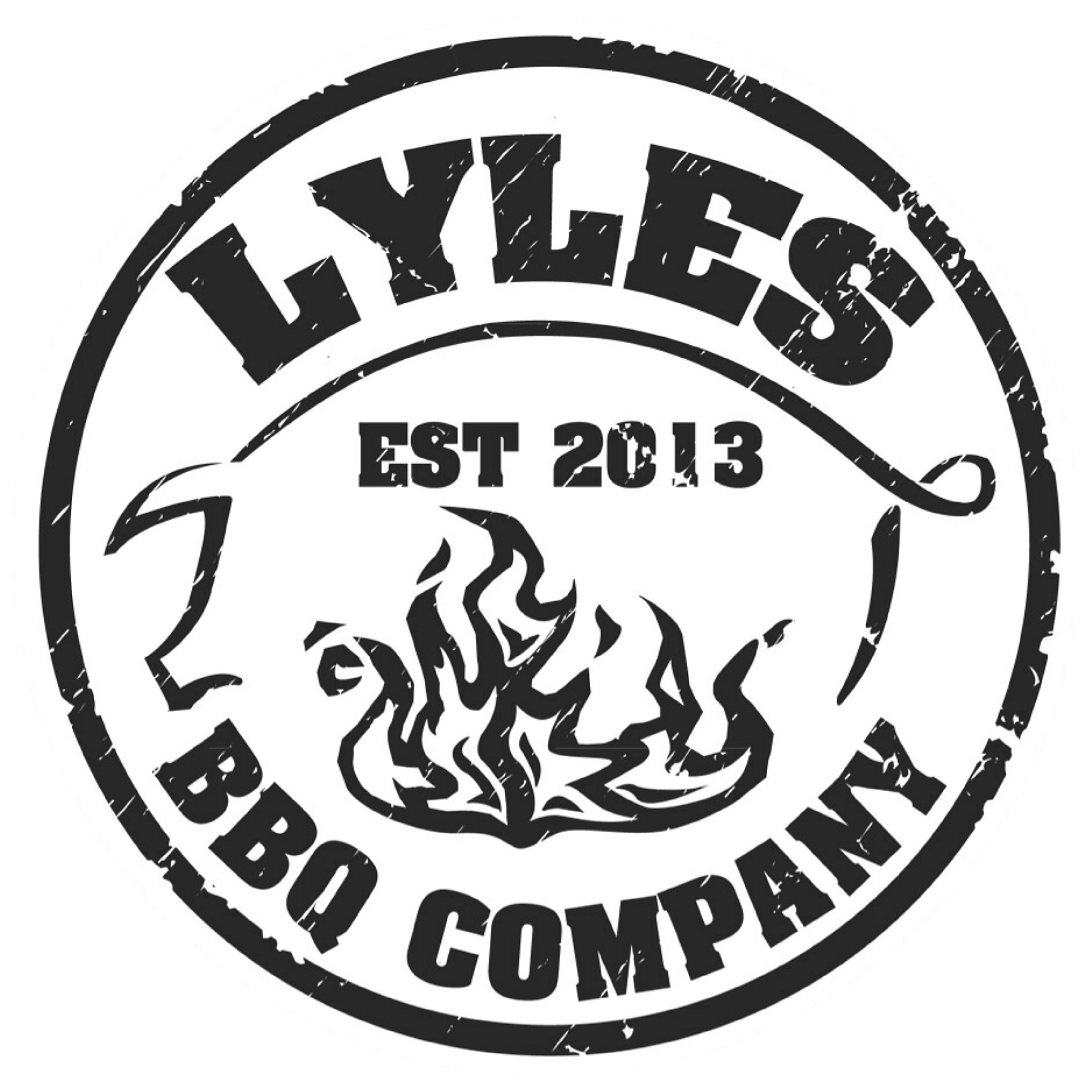 Circular distressed logo of Lyles BBQ Company with flames in the center and text 'EST 2013'.