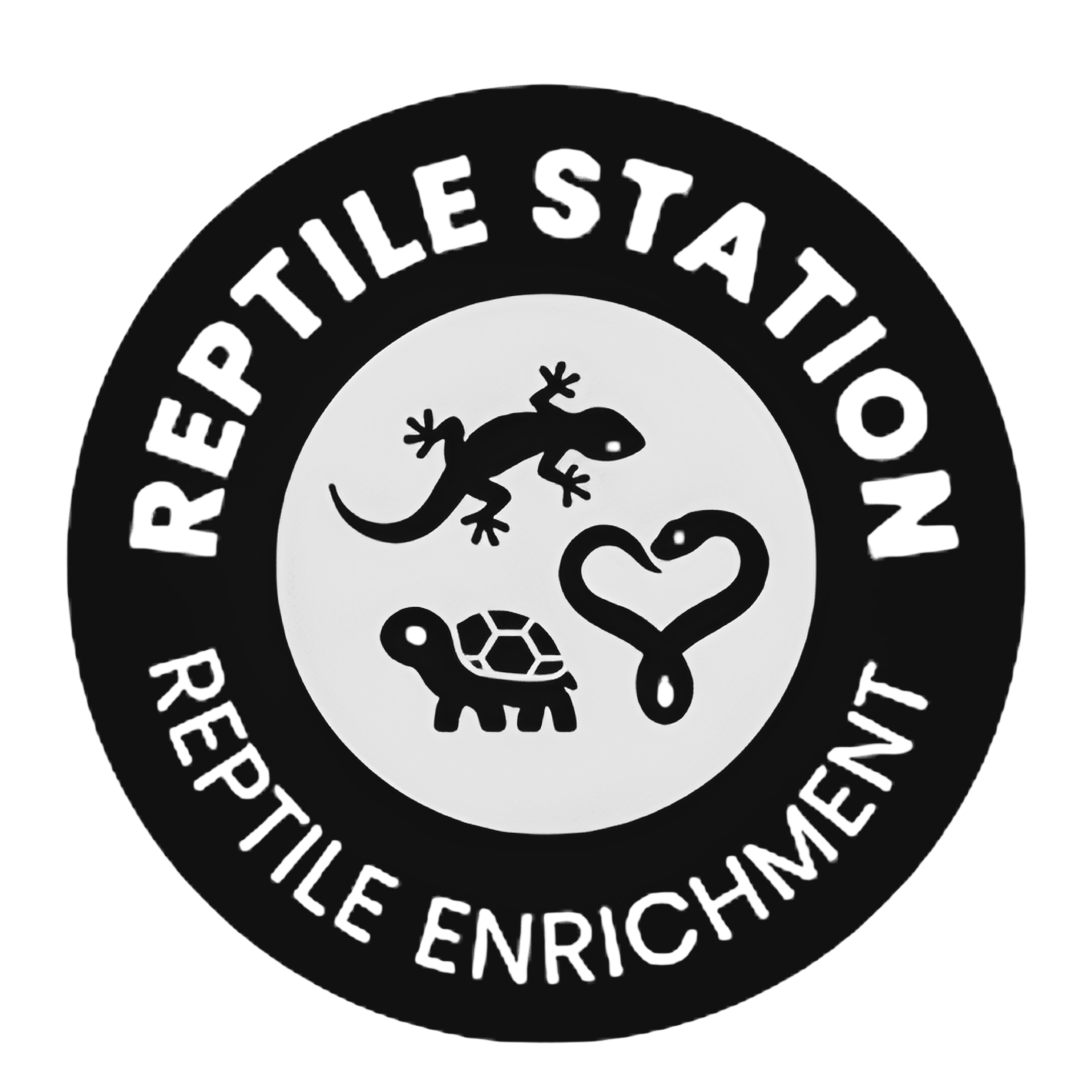Logo with a lizard, a turtle, and a snake shaped like a heart inside a circle with the text 'Reptile Station' and 'Reptile Enrichment'.