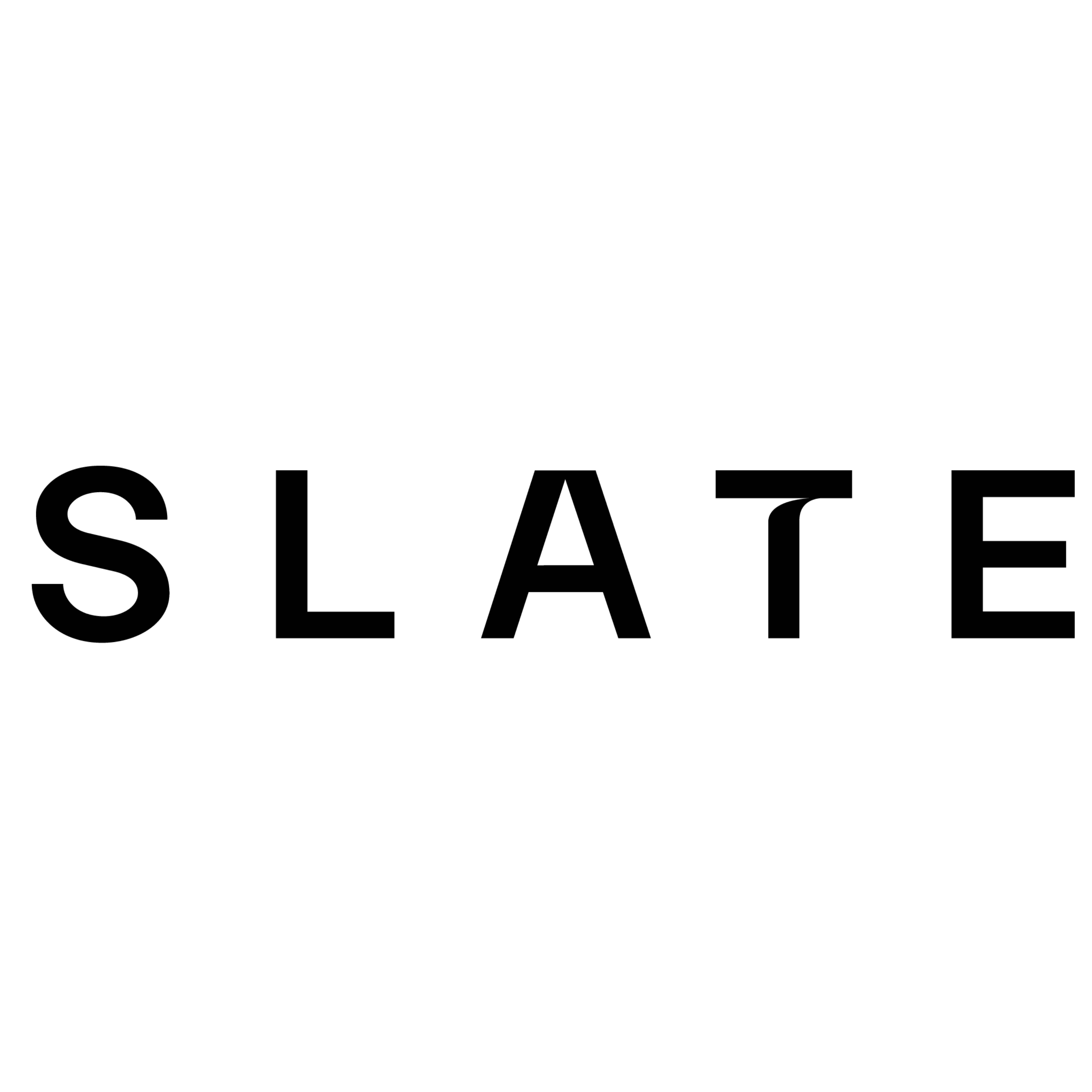 Black square with the word SLATE in bold, black uppercase letters centered.