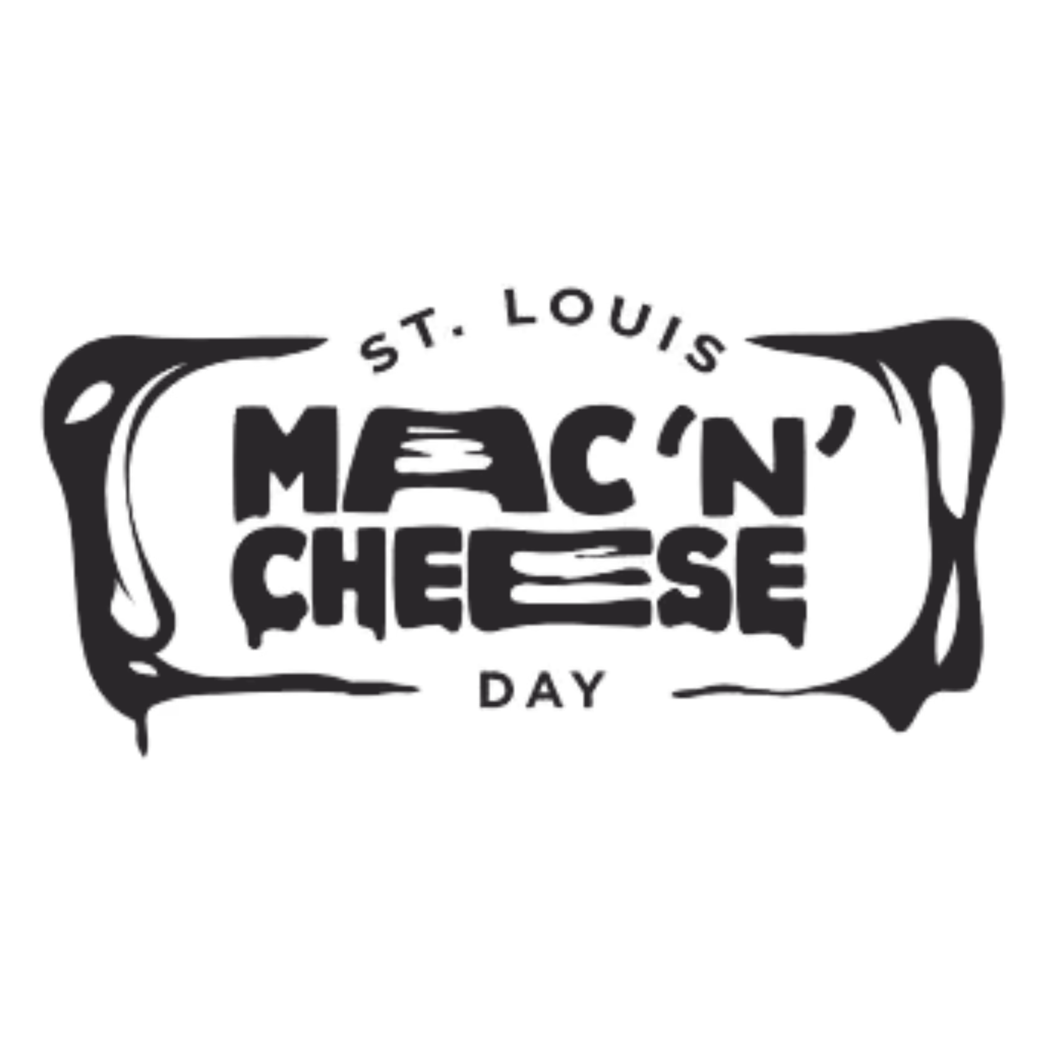 Black and white graphic text reading 'St. Louis Mac 'N' Cheese Day' inside a stylized macaroni noodle outline.