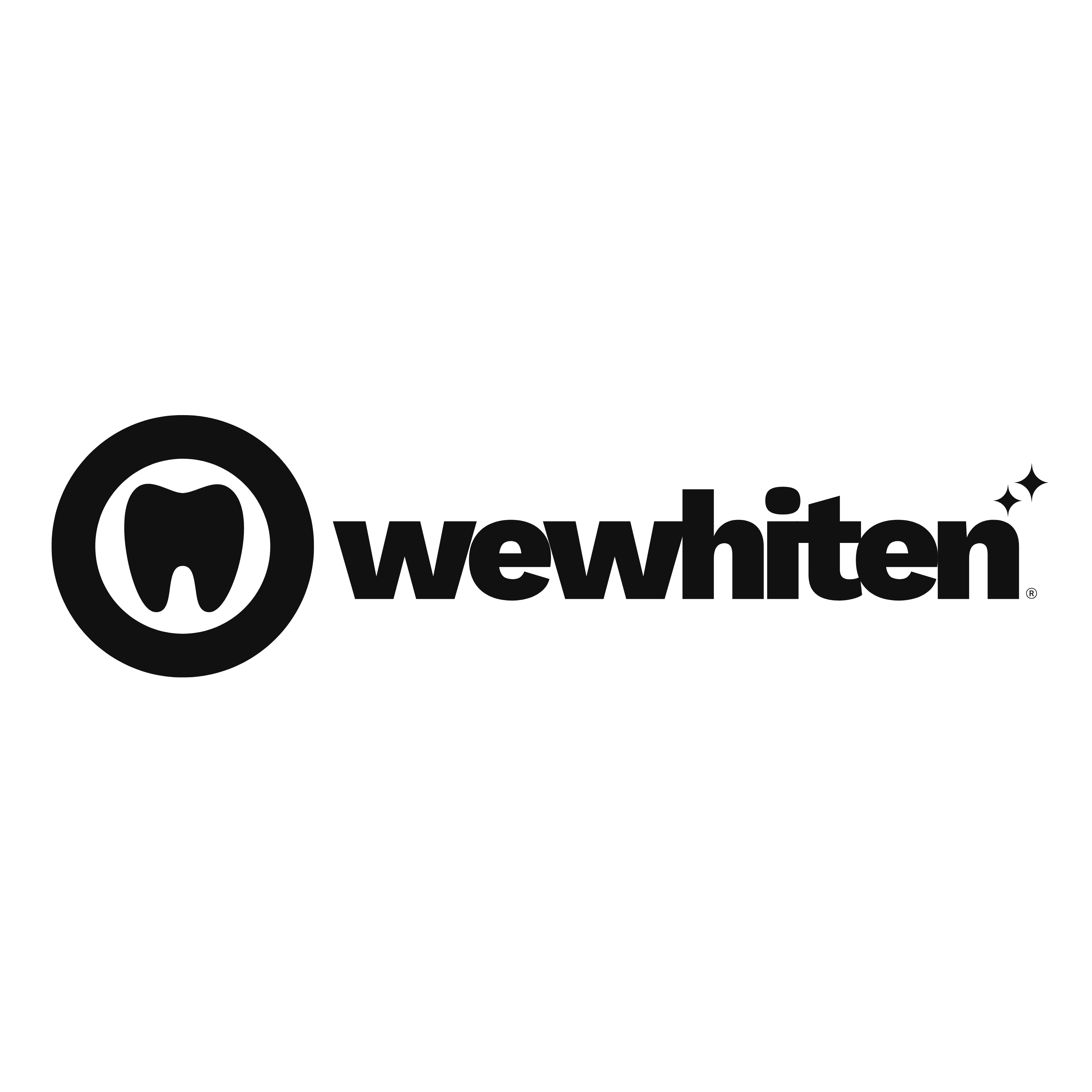 wewhiten brand logo with a stylized tooth inside a circular outline and two sparkle icons.