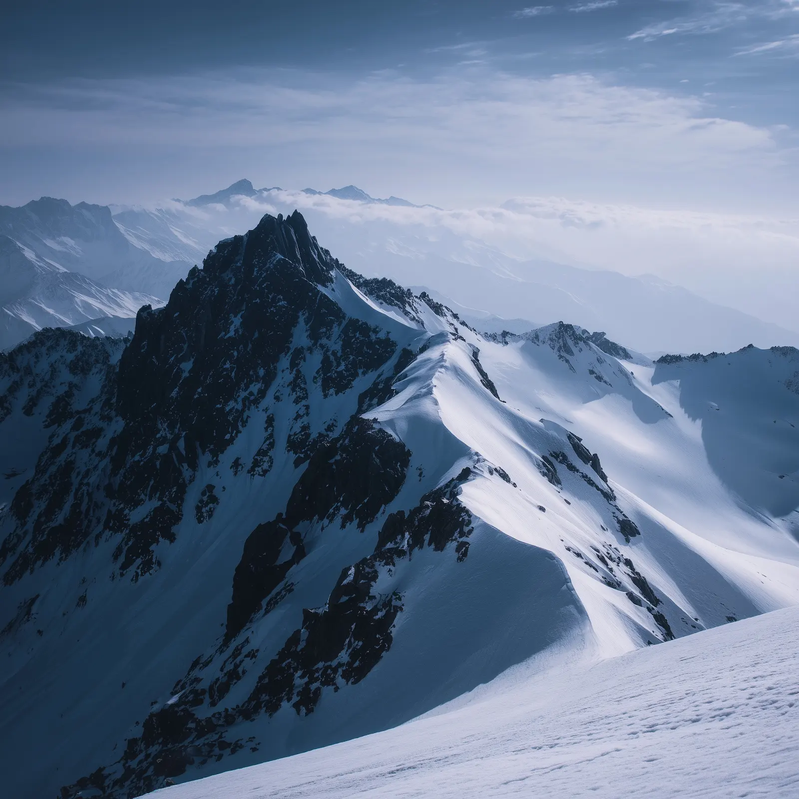 Snow-covered rugged mountain peaks under a cloudy sky with a distant mountain range in the background.