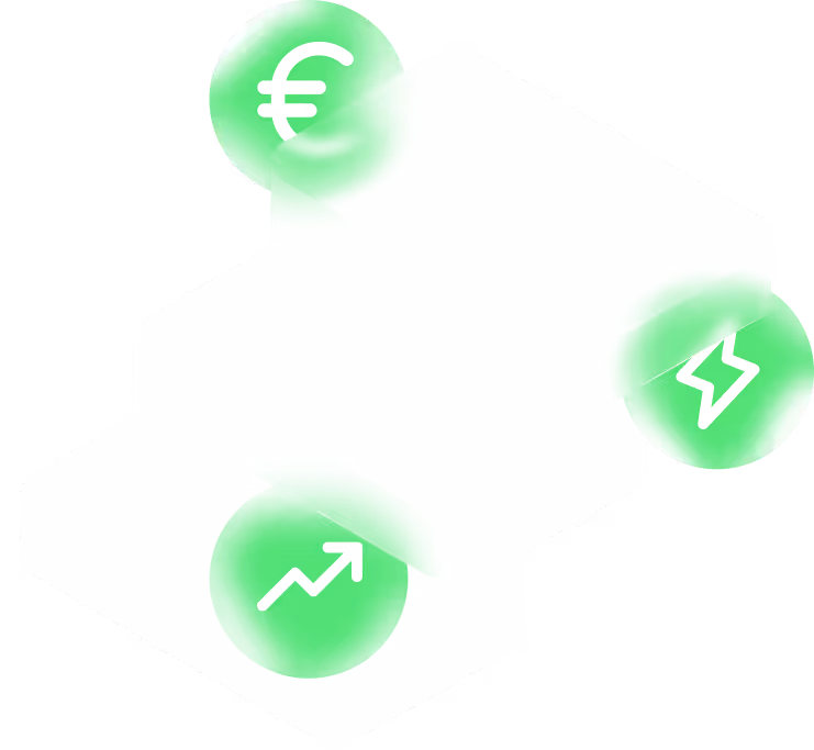 Illustration eines rechteckigen Blocks mit drei grünen Kreisen, die ein Euro-Zeichen, einen Pfeil nach oben und ein Blitzsymbol enthalten.