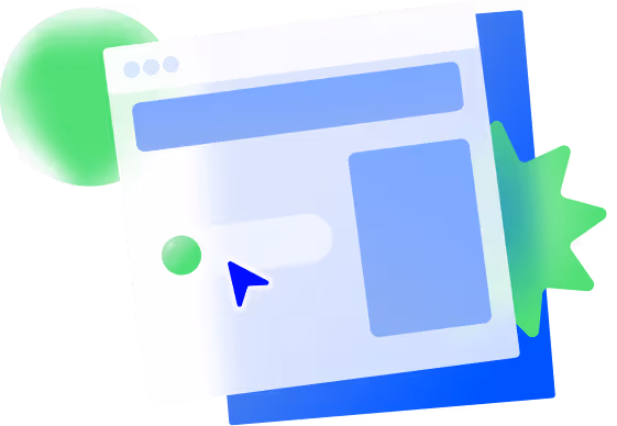 Illustration einer geöffneten Browserfenster-Benutzeroberfläche mit einem blauen Zeiger und grünen geometrischen Formen im Hintergrund.