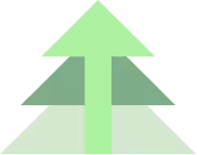 Green upward arrow over layered green triangles forming a stylized tree shape.
