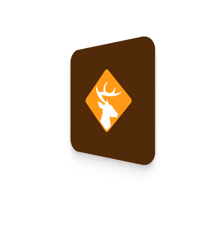 Brown rounded square with an orange diamond featuring a white silhouette of a deer head with antlers.
