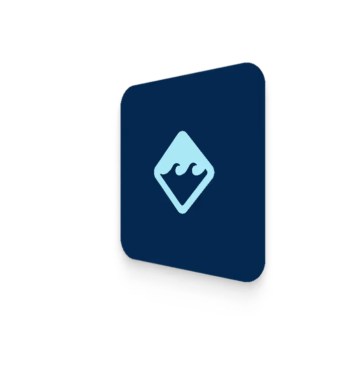 Blue rounded square card with a light blue diamond-shaped icon featuring two wave symbols inside.