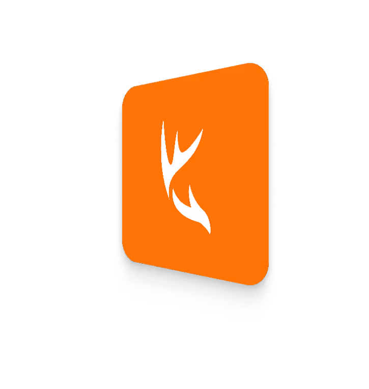 Orange square icon with white antlers symbol in the center.