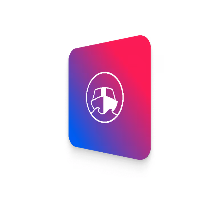 Icon of a boat's front view inside an oval on a rounded square with a blue to pink gradient background.