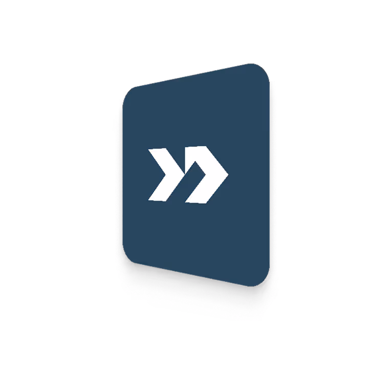 White forward arrow symbol on a rounded dark blue tilted square background.