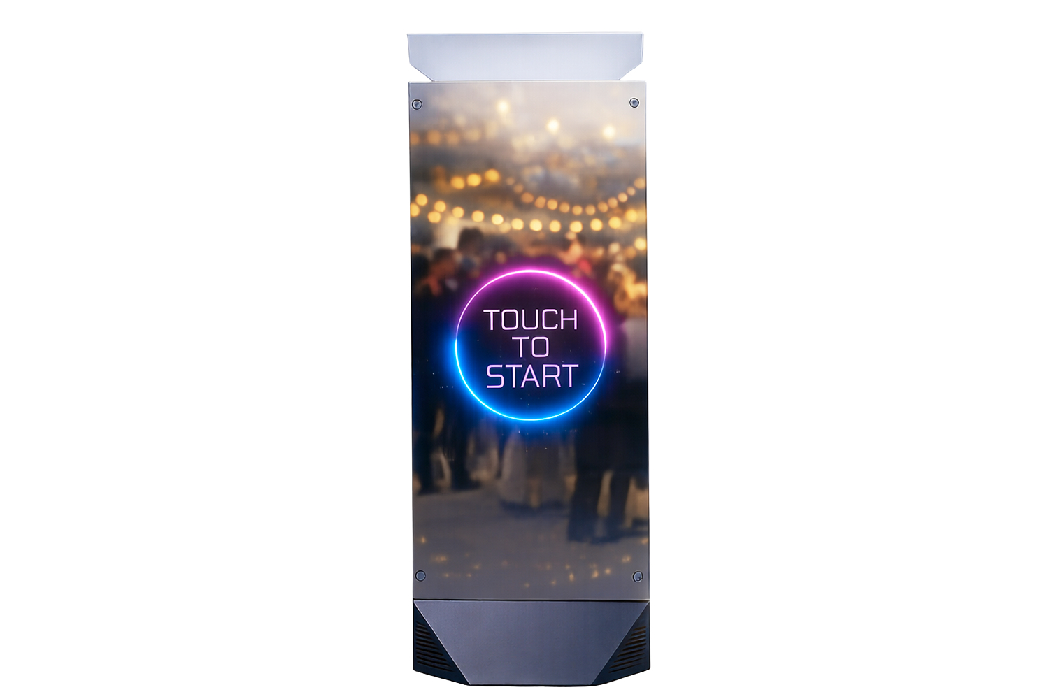 Mirror X Photobooth with glowing circle and text reading 'Touch to Start' on a blurred background of string lights and people.