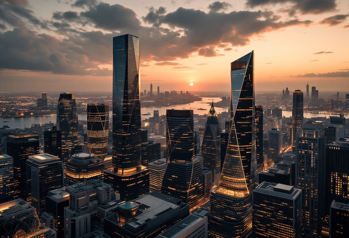 image of city skyline at sunset for a fintech company