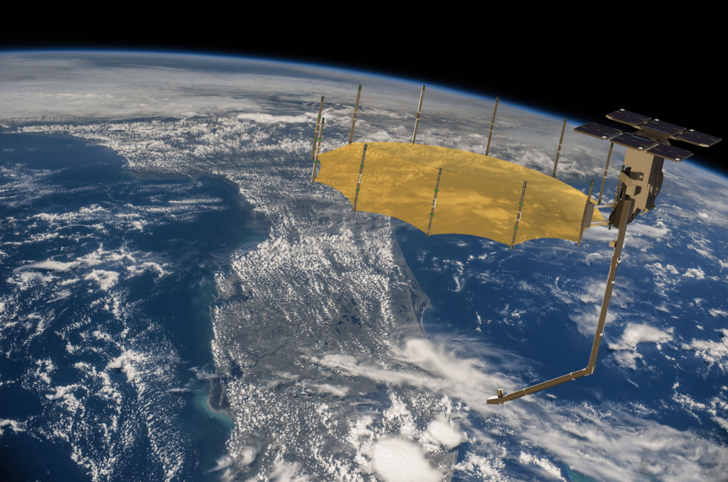 Artist view of the Sequoia satellite imaging the coast of Florida (background courtesy NASA)