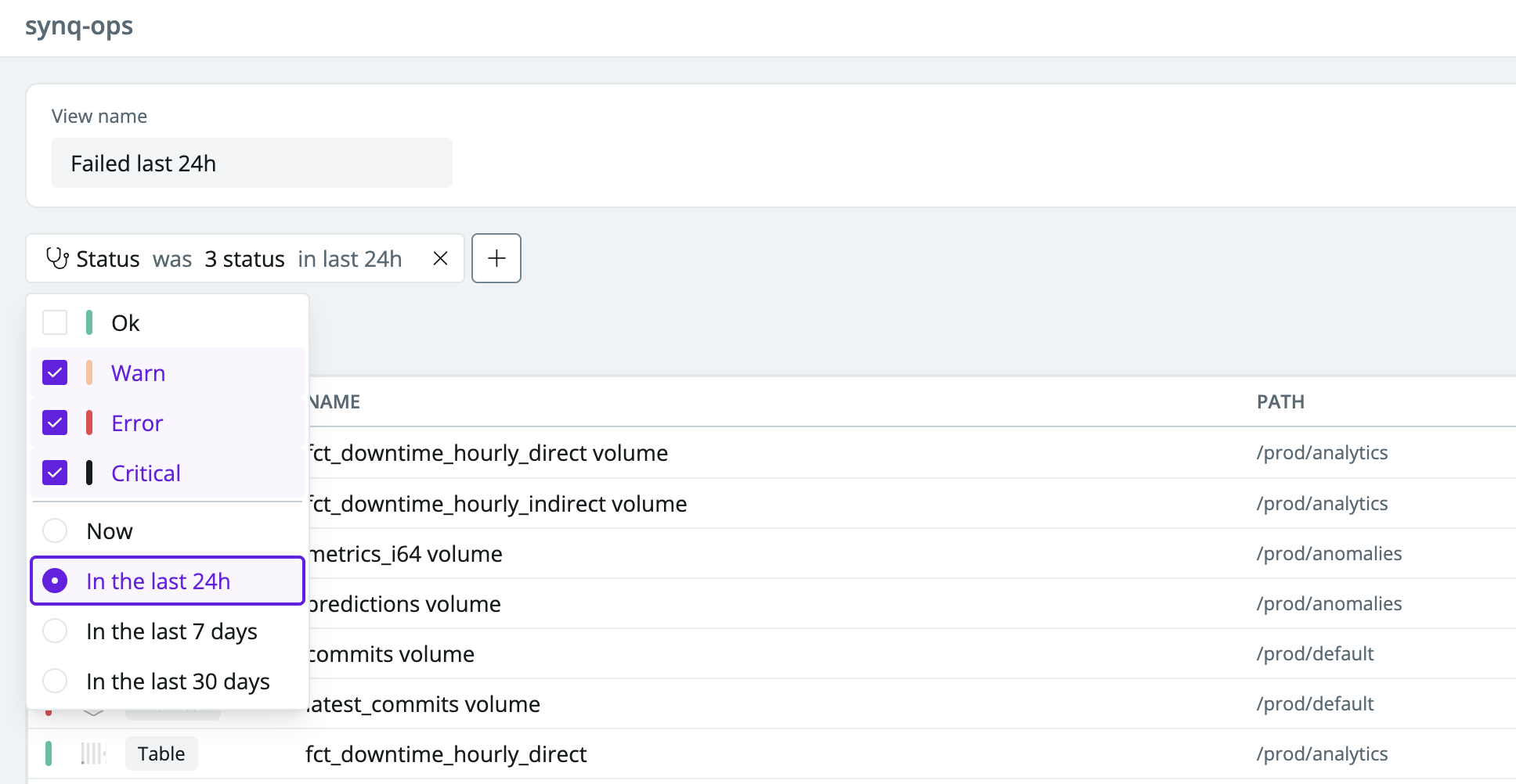 Status history filter