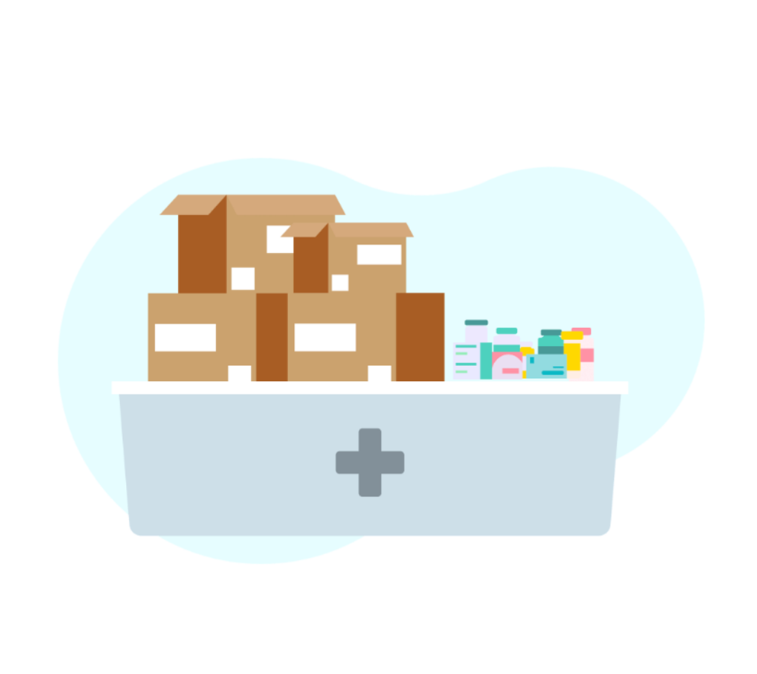 Packed pharmacy medications and prescription items prepared for customer orders