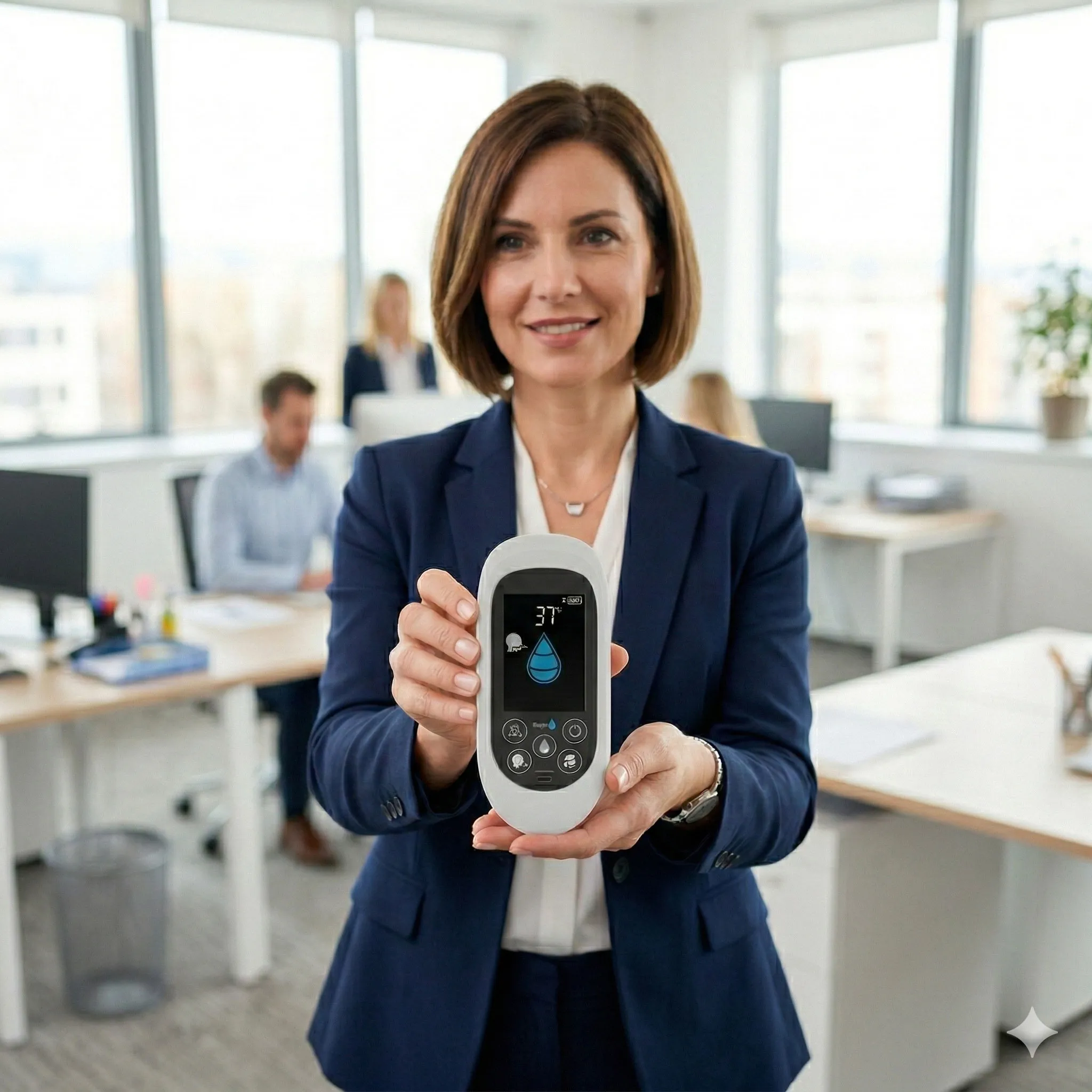 Businesswoman in navy suit holding a digital device displaying a blue water drop icon and number 37 on screen in an office.