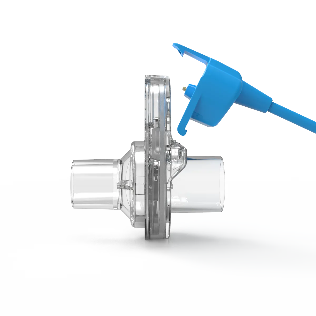 Transparent medical cartridge with a blue connector labeled 'Patient Side' for respiratory testing.
