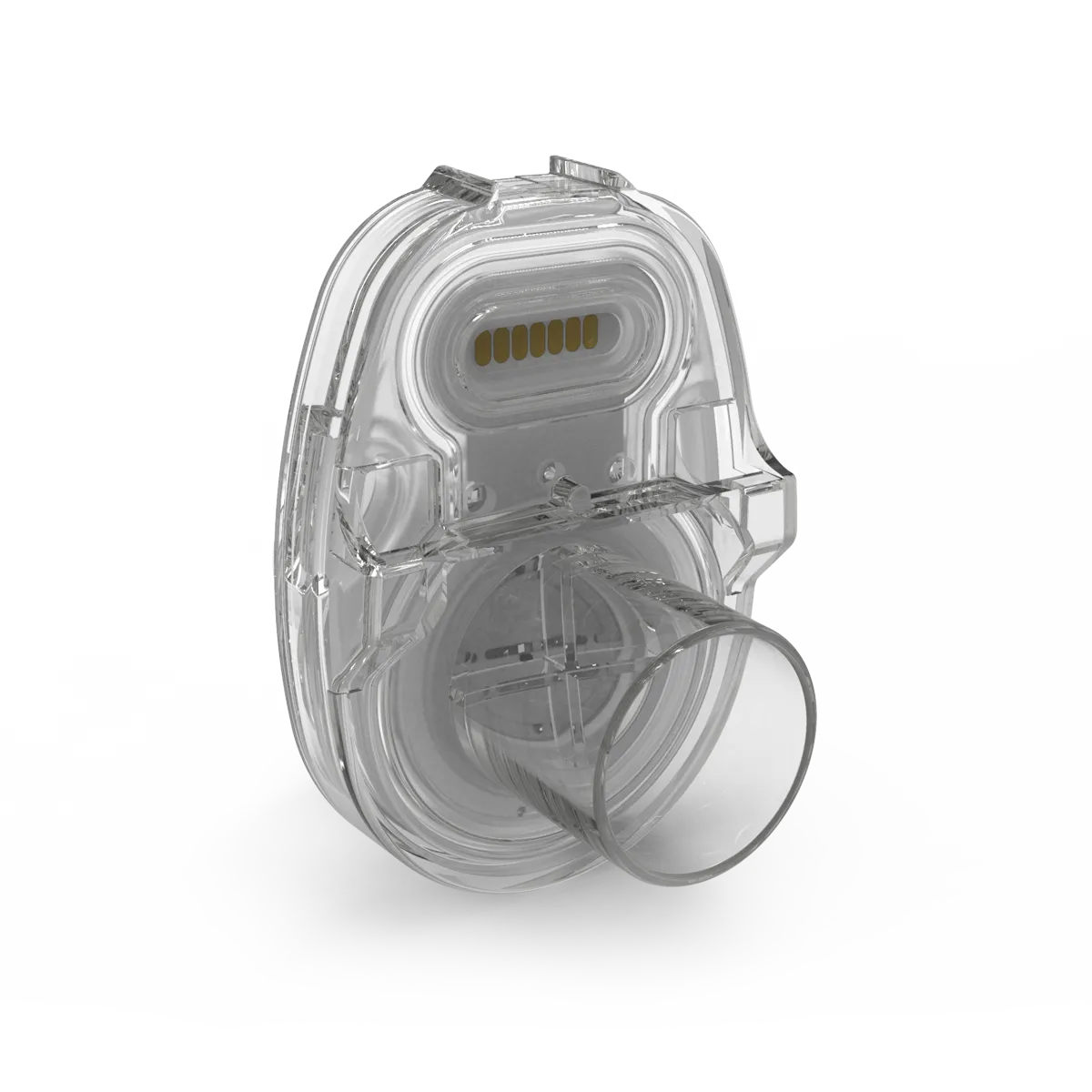 Transparent plastic cartridge with a round nozzle and electrical contacts at the back.