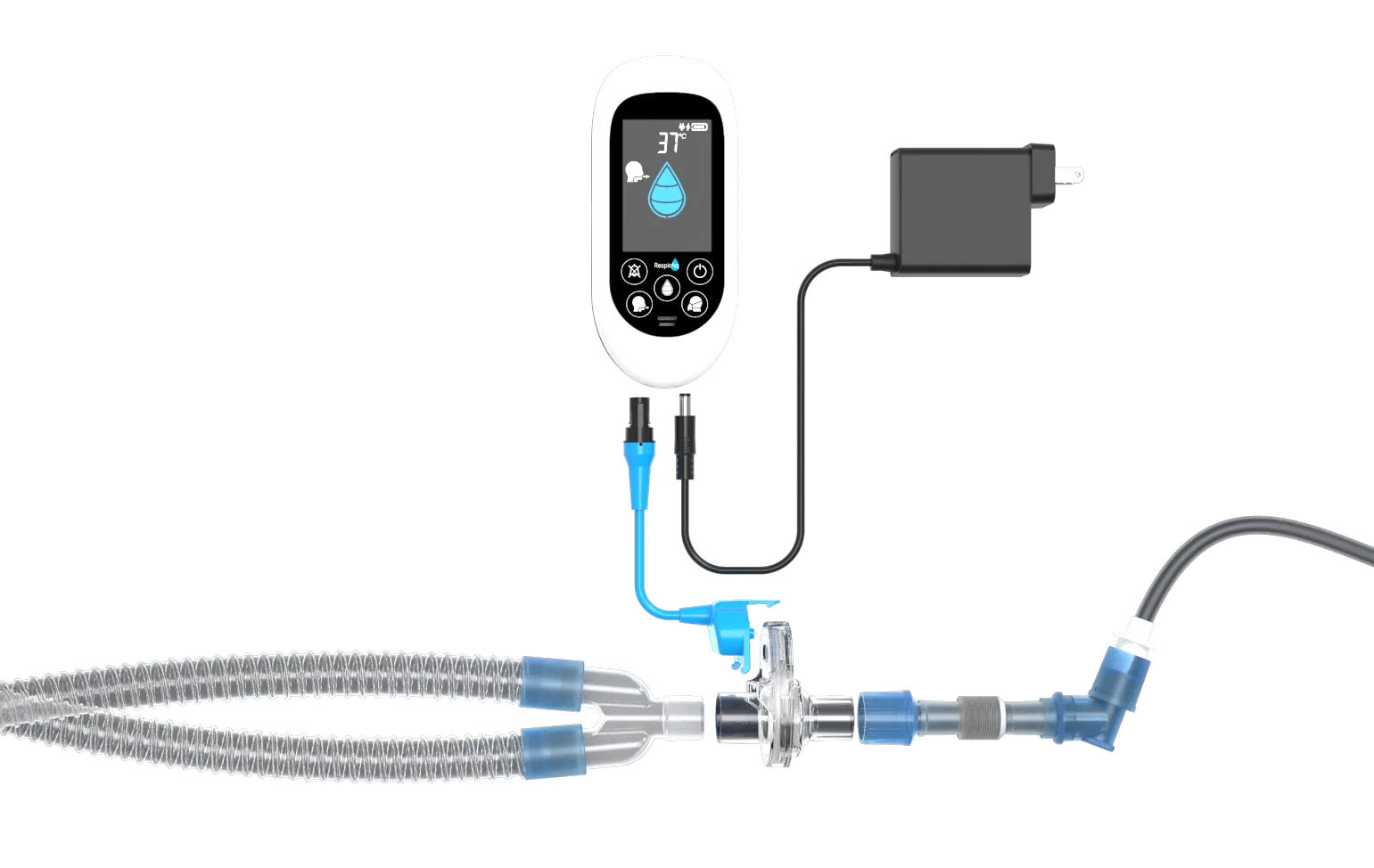 Respiratory device with digital display showing 37°C, connected to tubing and a power adapter on a dark background.