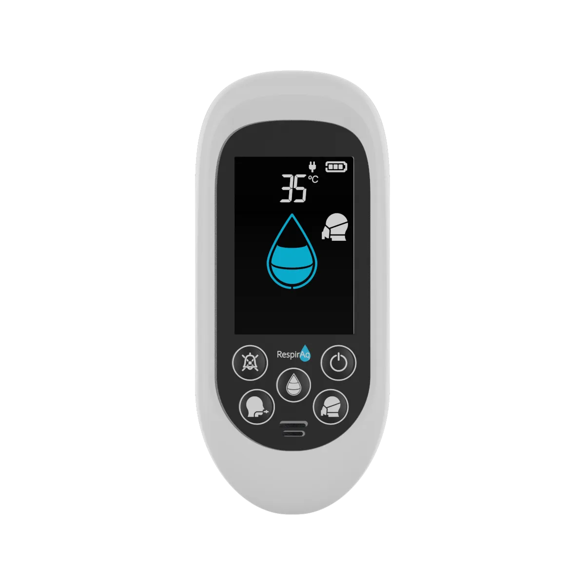 Respiratory device controller with digital display showing 35°C, water droplet icon, and various function buttons.