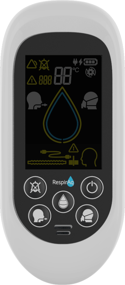 Respiratory device controller displaying 37 degrees Celsius, a blue droplet icon, and a battery indicator.