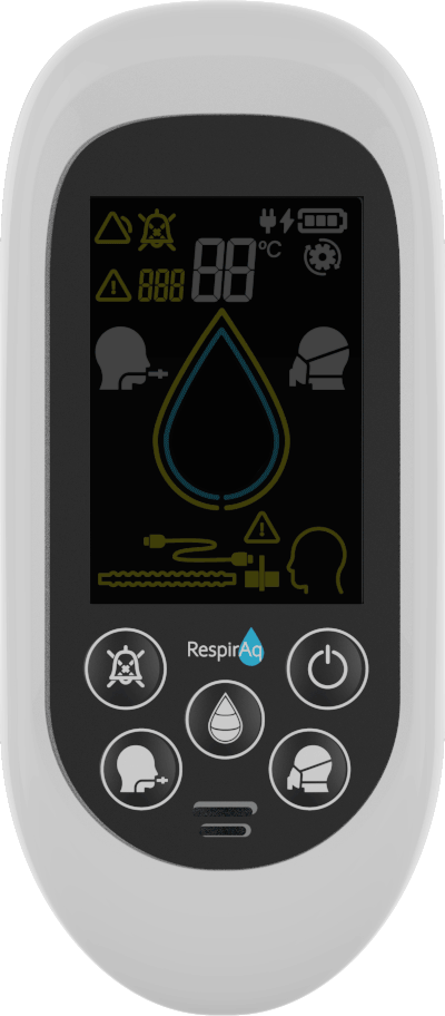 Respiratory device controller displaying 37 degrees Celsius, a blue droplet icon, and a battery indicator.