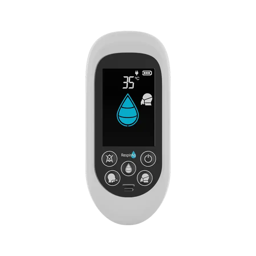 Respiratory device controller with digital display showing 35°C, water droplet icon, and various function buttons.