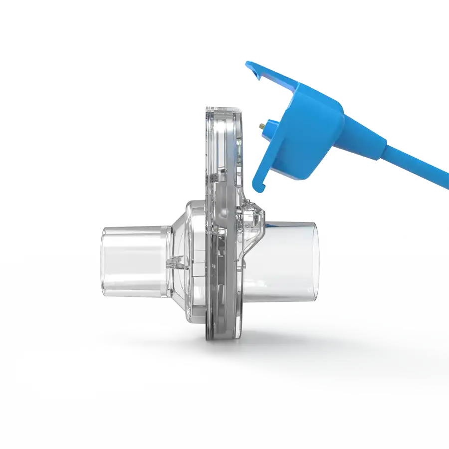 Transparent medical cartridge with a blue connector labeled 'Patient Side' for respiratory testing.