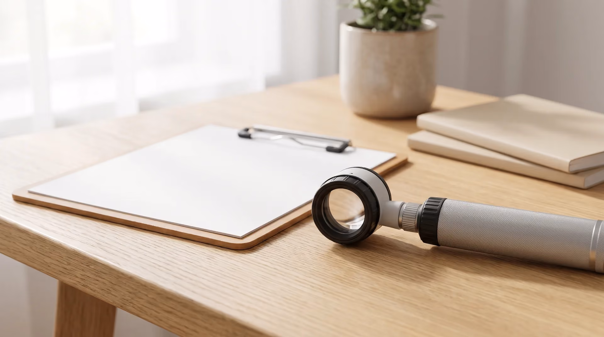 A dermatoscope and clipboard on a clinician's desk beside a sunlit window