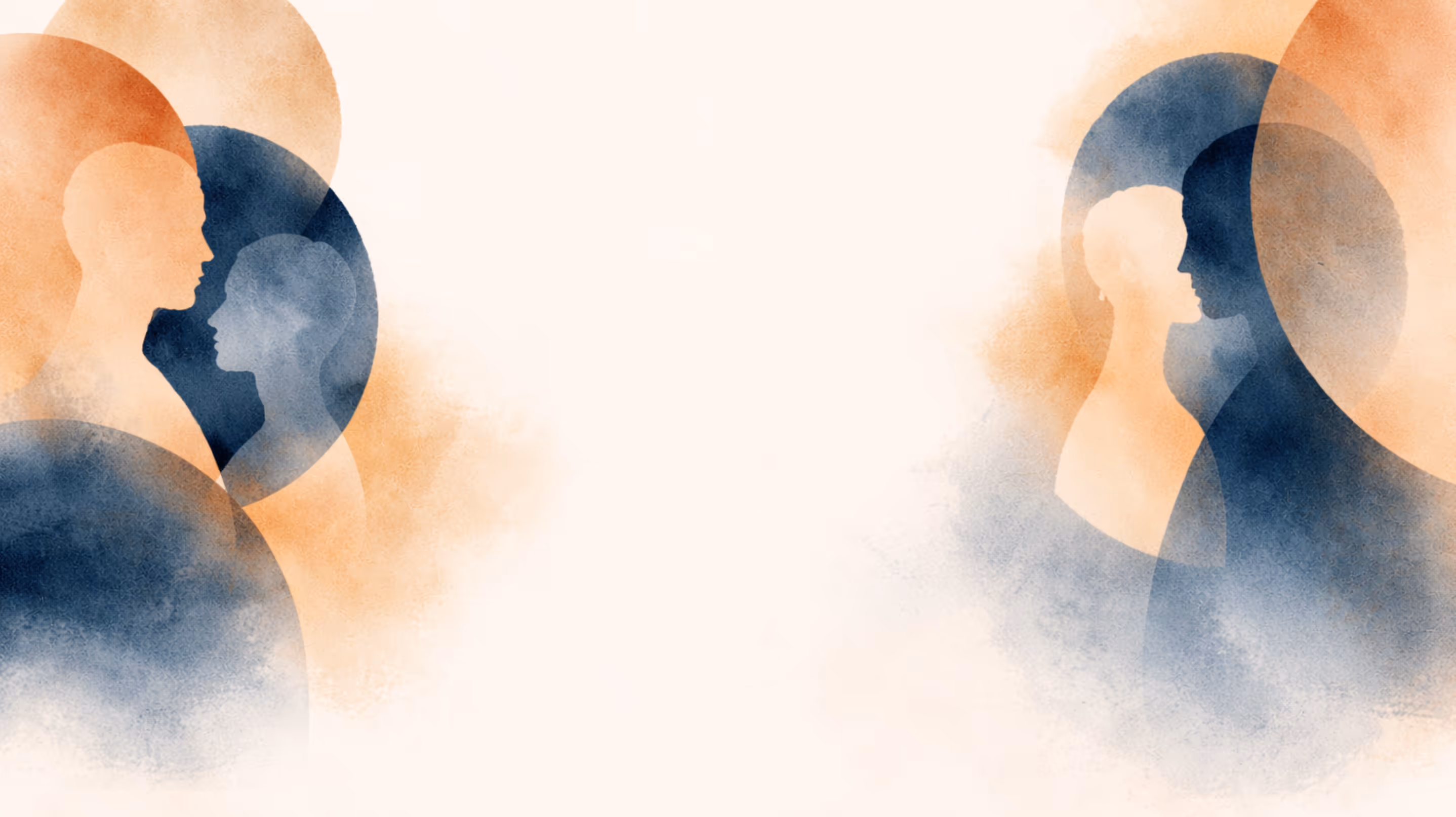 Abstract silhouettes of couples facing each other, layered in blue and orange circular shapes on a light background.