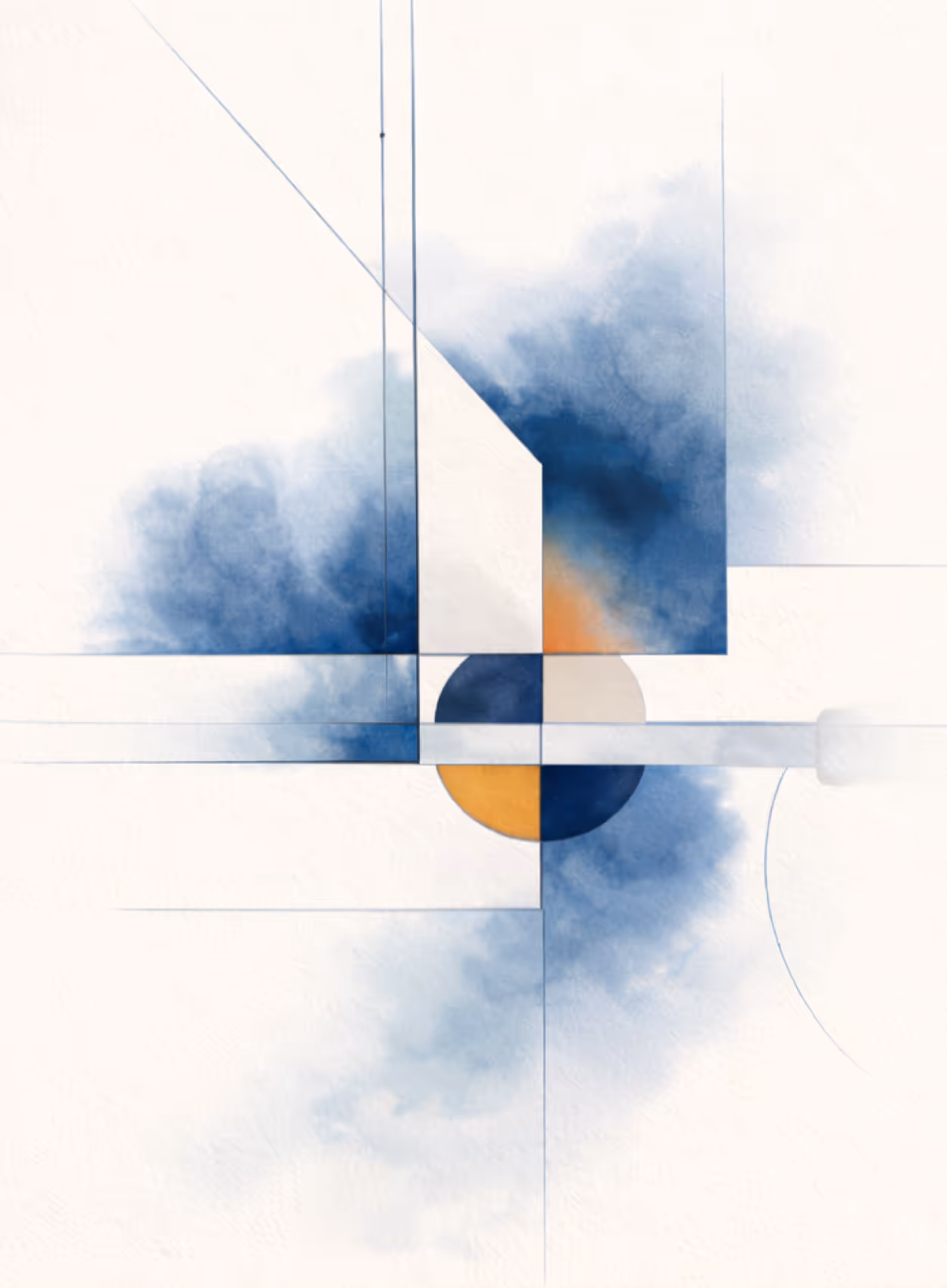 Abstract geometric composition with blue and orange watercolor shapes and fine lines on a light background.