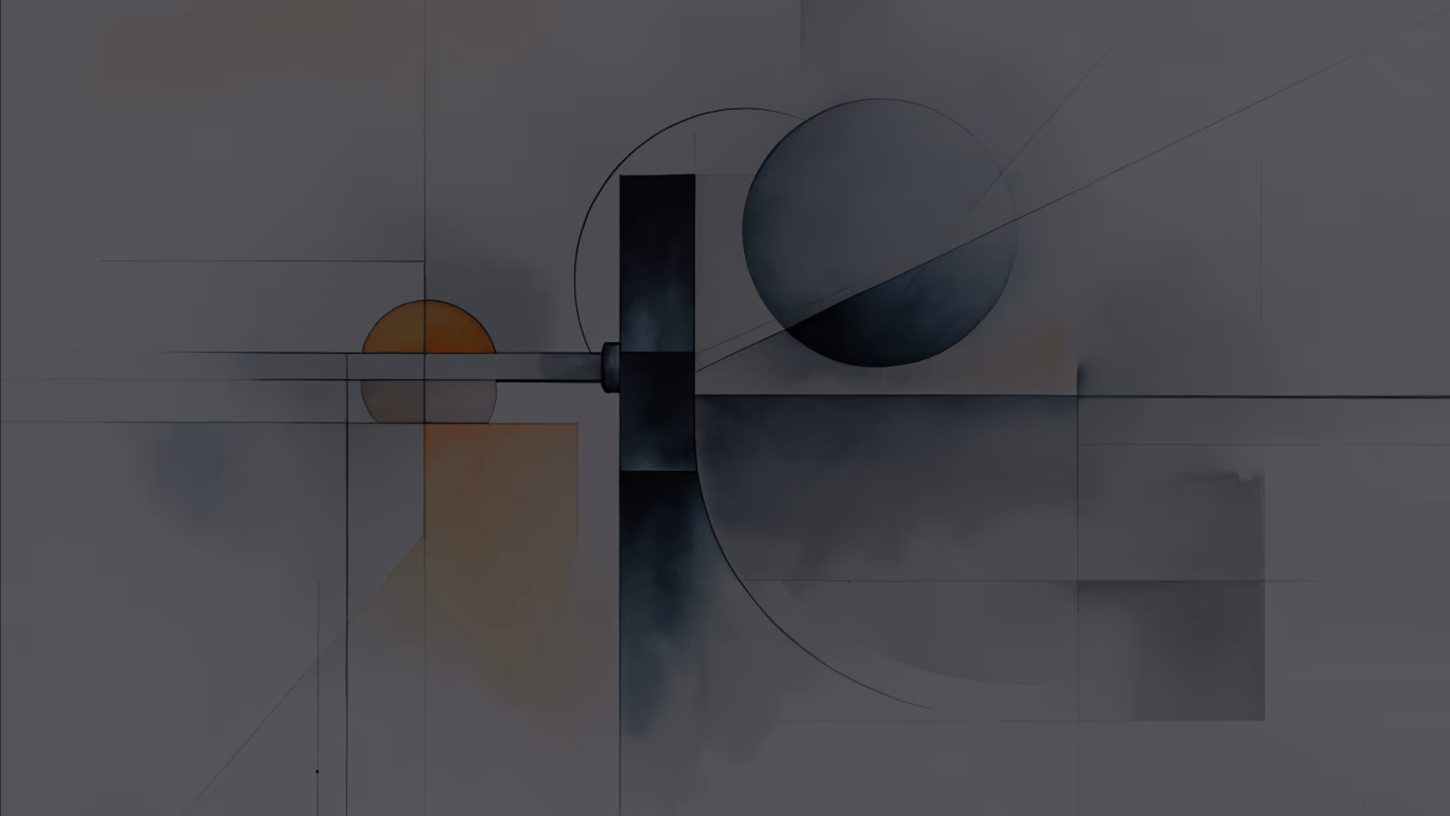 Abstract geometric composition with overlapping circles, rectangles, and lines in muted blue and orange tones.