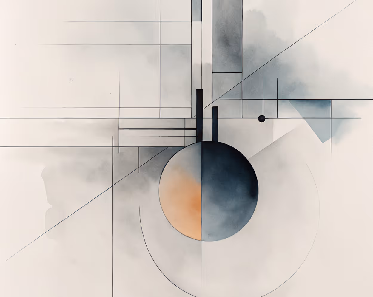 Abstract geometric composition with a central circle divided into warm and cool tones, intersected by thin black lines and soft gray shading.
