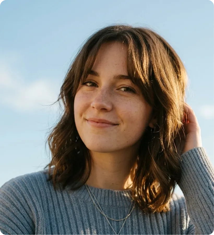 Young woman with shoulder-length brown hair smiling gently, wearing a gray ribbed sweater and silver necklaces against a clear sky background.