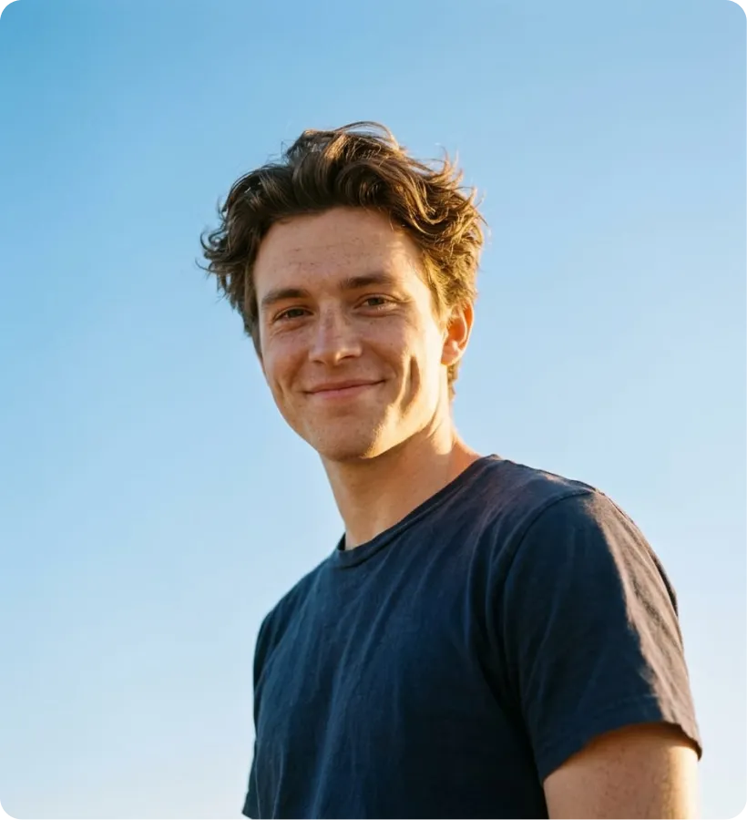 Smiling young man with curly brown hair wearing a dark blue t-shirt against a clear sky background.