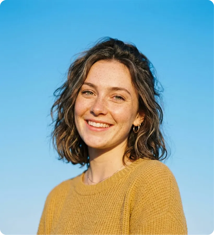 Smiling young woman with shoulder-length wavy brown hair, freckles, and a mustard yellow sweater against a clear blue sky.