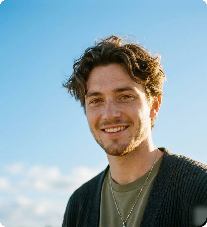 Young man with curly hair and freckles smiling outdoors against a clear blue sky.