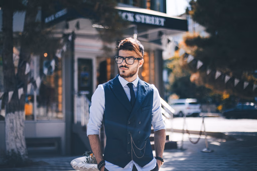 Young man with glasses wearing a navy vest and tie standing outdoors in an urban setting.