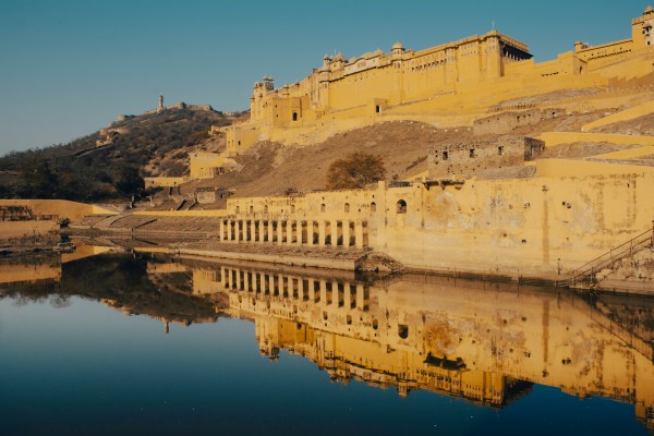 Amber Fort reflected in water in Jaipur, India