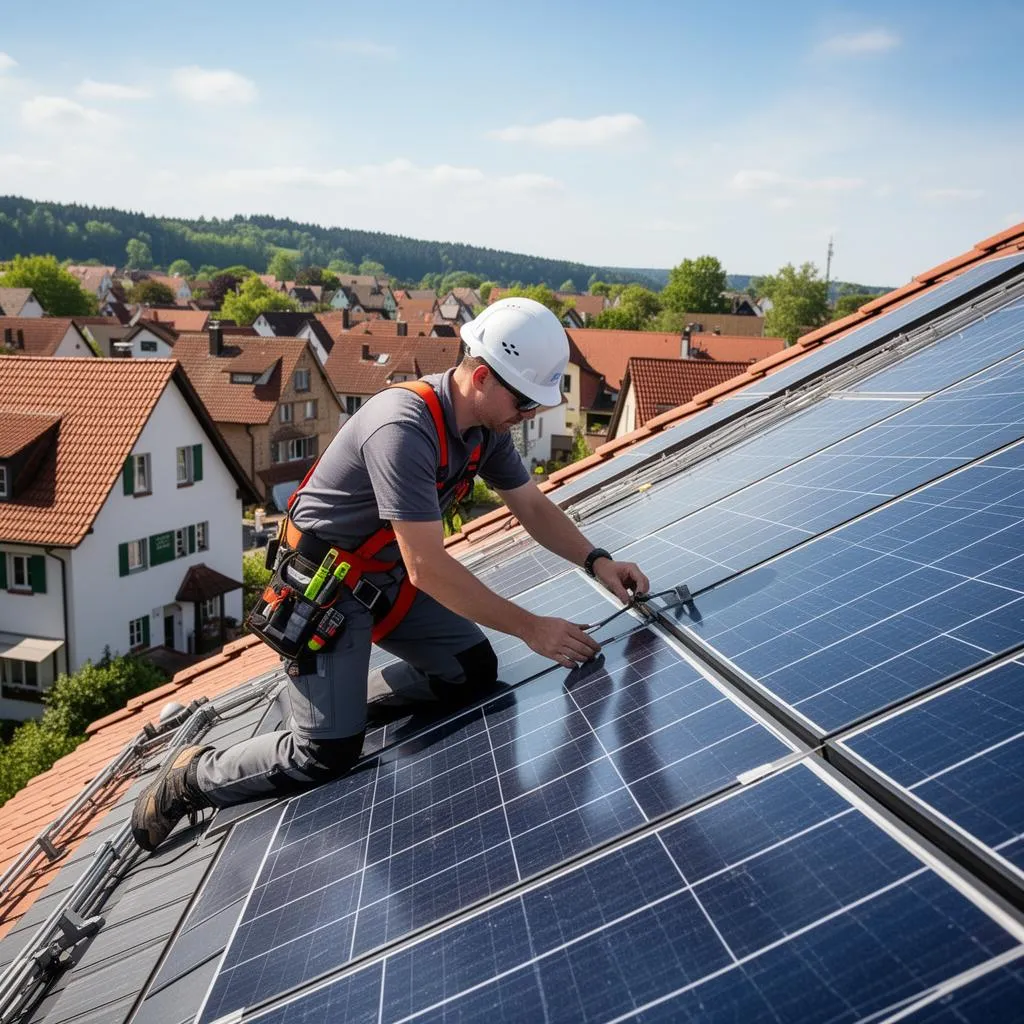 Montage von Solarmodulen auf einem Hausdach