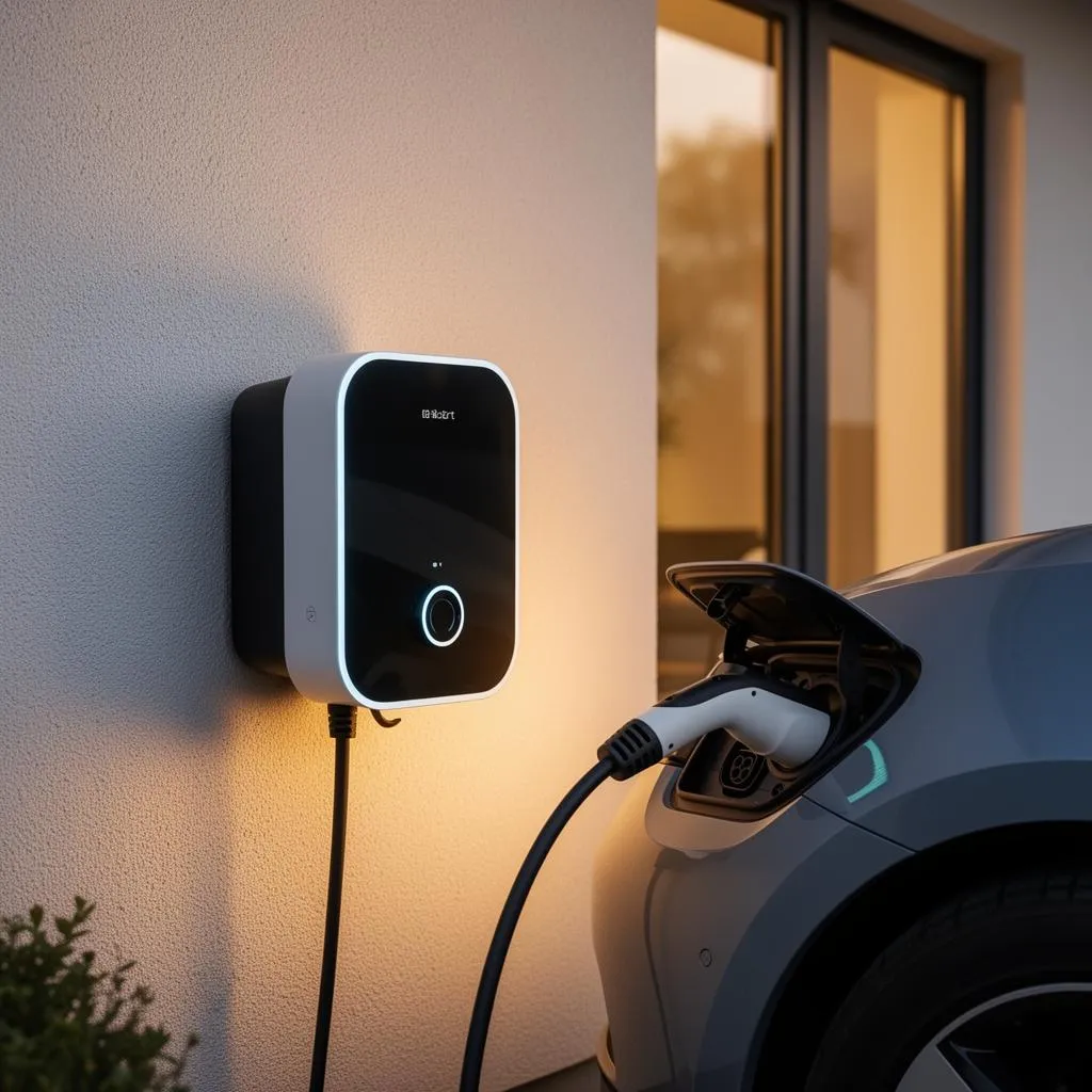 Wallbox lädt ein Elektroauto am Haus