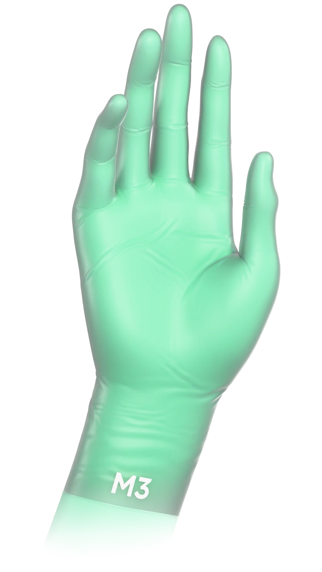 Surgical Style Safety Glove on a green hand illustration, palm forward