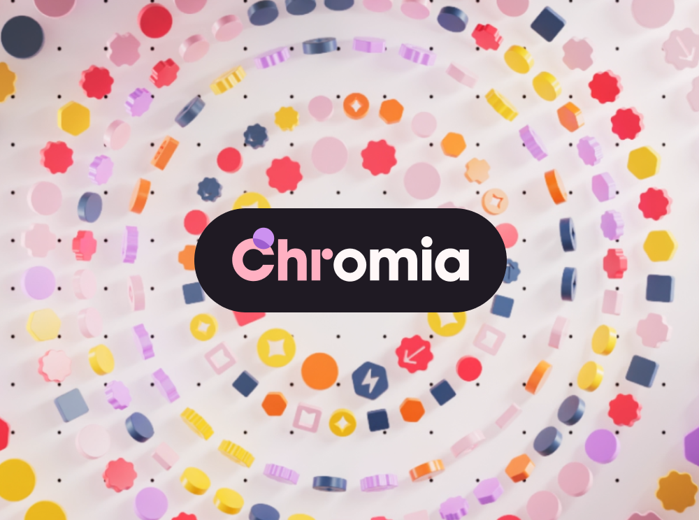 Colorful circular tokens arranged in spiral patterns around the word 'Chromia' on a black rounded rectangle background.