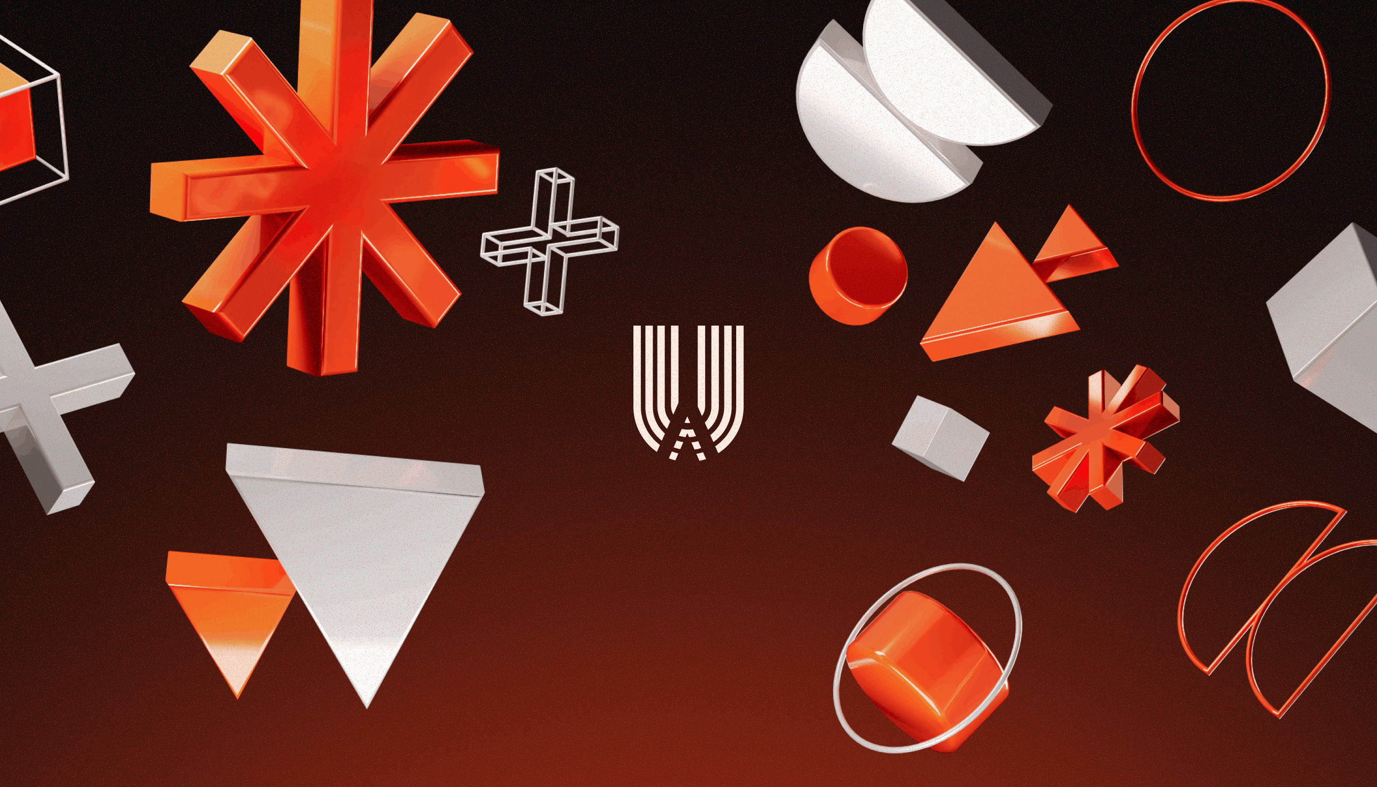 Floating 3D geometric shapes in red and white on a dark gradient background with a stylized W logo in the center.