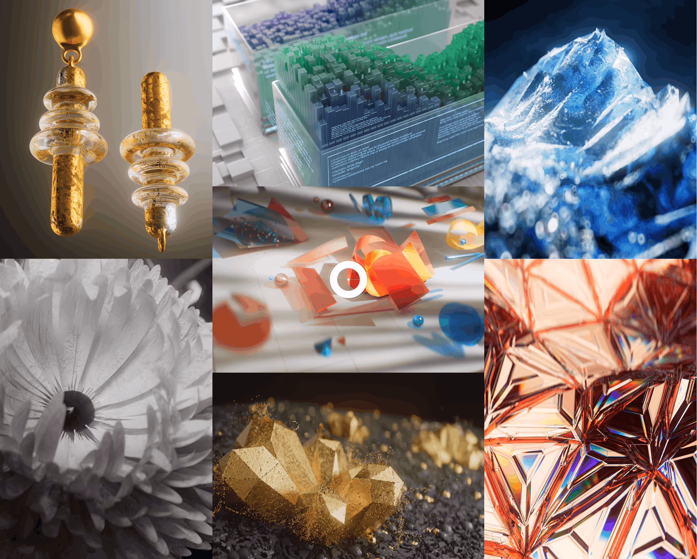 Collage of various abstract and geometric objects including golden and glass structures, colorful translucent shapes, blue ice crystal, white spiky flower, gold crystals on dark ground, and red multifaceted crystals.