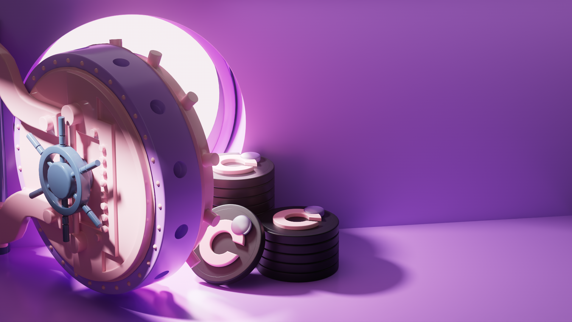 Open bank vault door with stacks of black cryptocurrency coins featuring a pink and white circular emblem inside a purple-lit room.