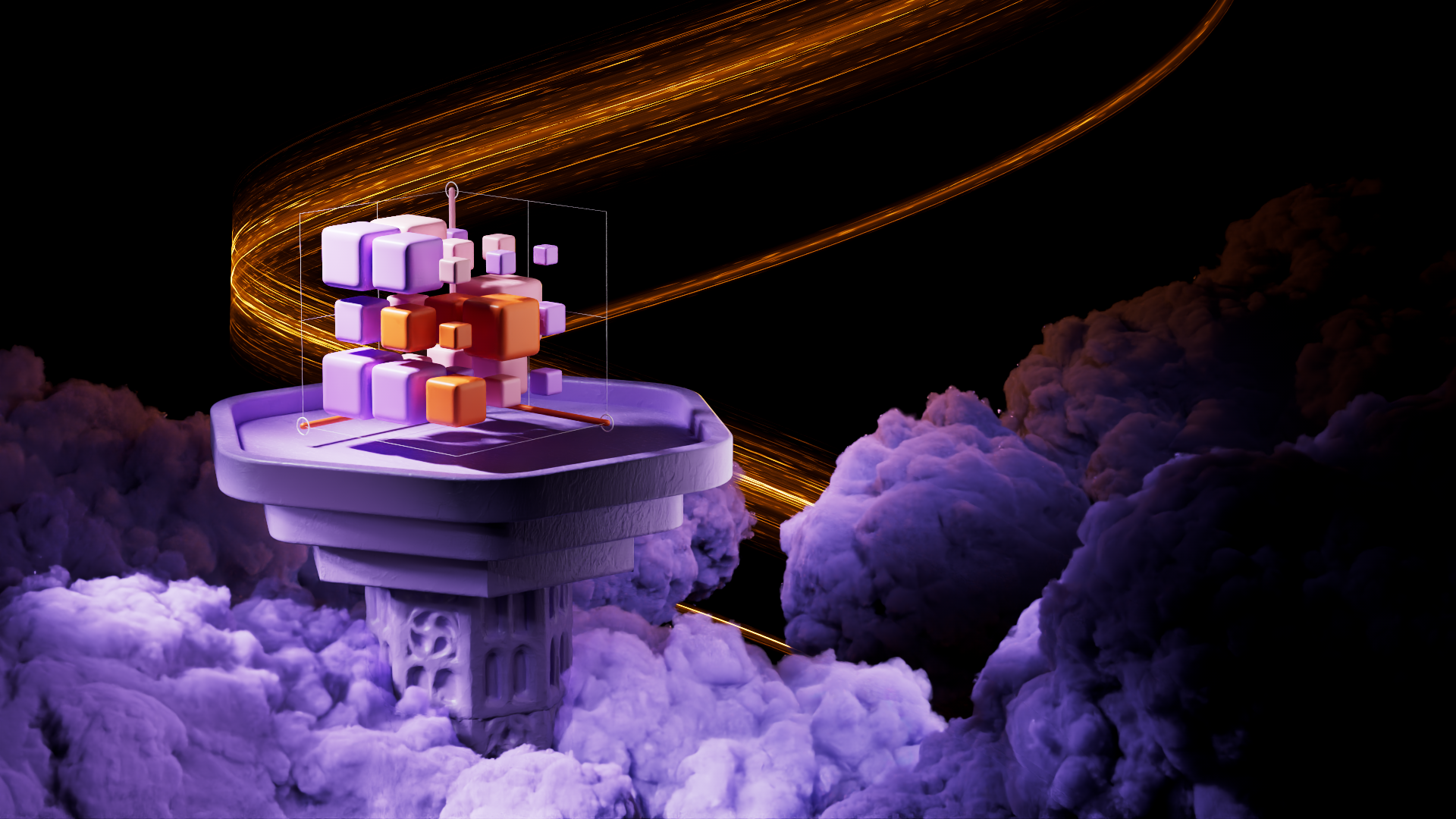 3D abstract cubes in purple and orange floating above a pedestal surrounded by purple clouds with orange light trails in the background.