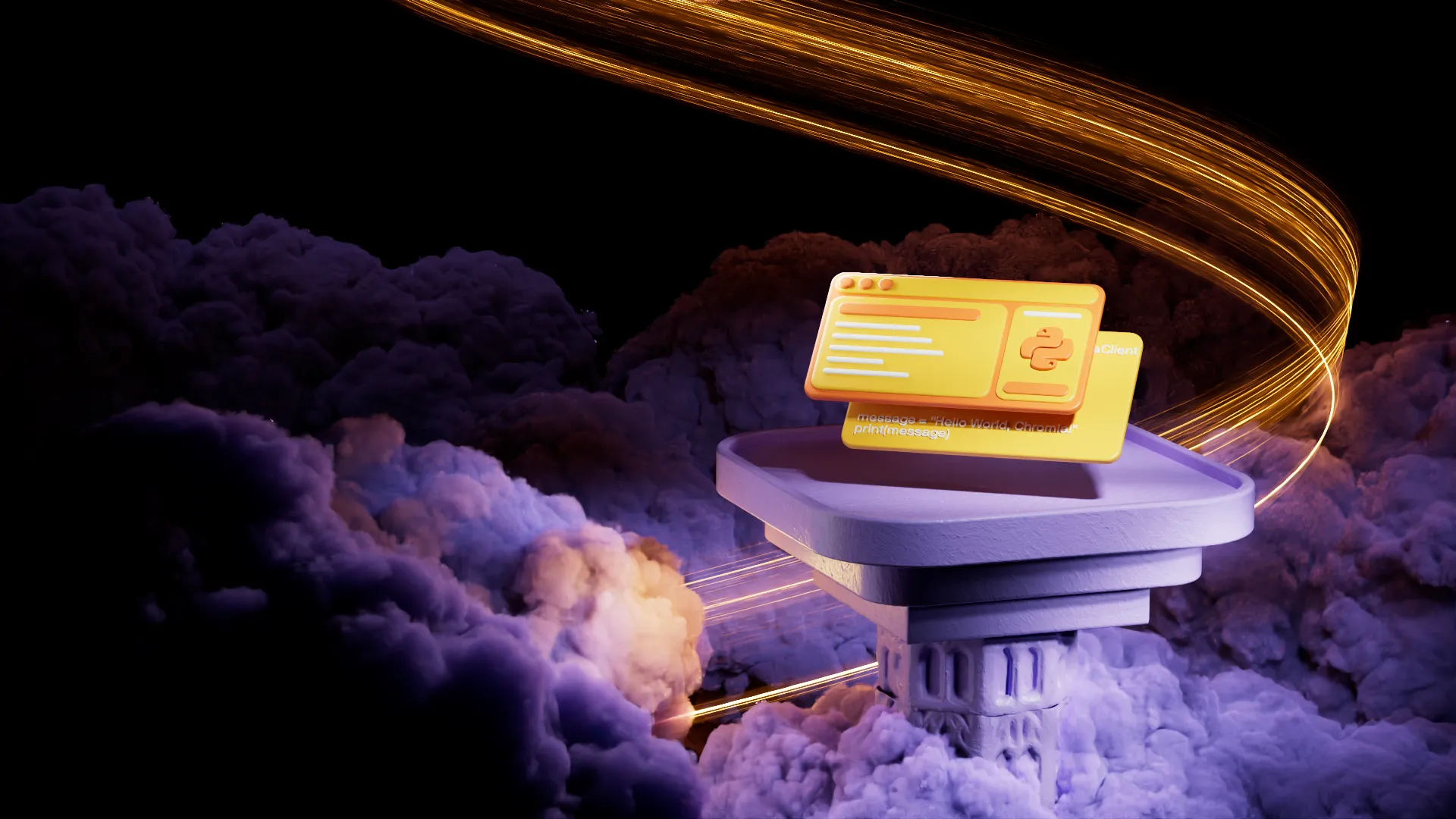 3D illustration of a yellow Python code editor floating above a classical purple column surrounded by purple clouds and golden light trails on black background.